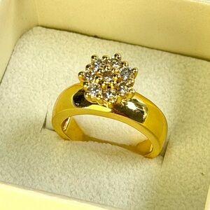 Gold Tone Floral Cluster Ring CZ Diamond Look Vintage Style Statement Ring